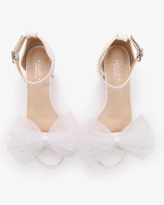 White Satin Block Heel Wedding Sandal with Front Oversized Tulle Bow and Scattered Pearls
