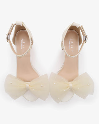 Ivory Satin Block Heel Flower Girls Sandal with Front Oversized Tulle Bow and Scattered Pearls