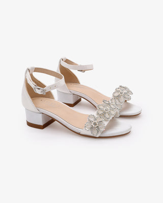 White Satin Block Heel Flower Girls Sandals with Rhinestones Chassia Flower