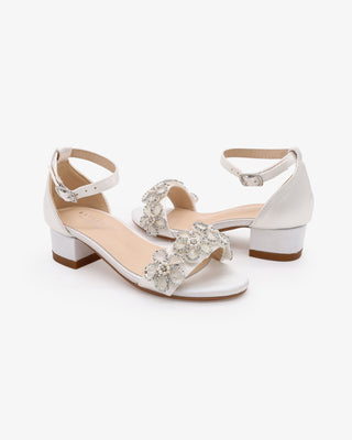 White Satin Block Heel Flower Girls Sandals with Rhinestones Chassia Flower