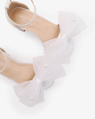 White Satin Block Heel Flower Girls Sandal with Front Oversized Tulle Bow and Scattered Pearls