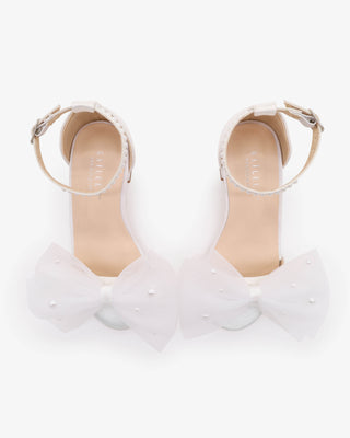 White Satin Block Heel Flower Girls Sandal with Front Oversized Tulle Bow and Scattered Pearls