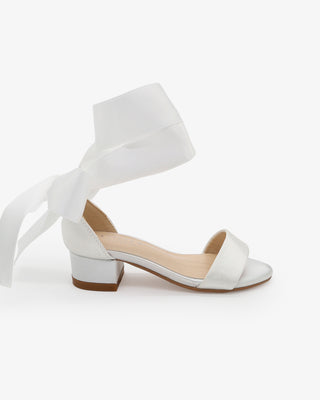 White Satin Block Heel Flower Girl Sandal with Wrapped Satin Ribbon Tie