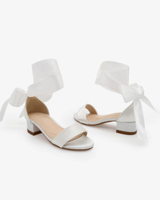 White Satin Block Heel Flower Girl Sandal with Wrapped Satin Ribbon Tie