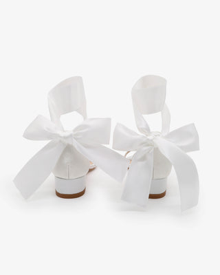 White Satin Block Heel Flower Girl Sandal with Wrapped Satin Ribbon Tie