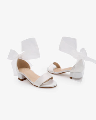 White Satin Block Heel Flower Girl Sandal with Wrapped Sheer Ribbon Tie