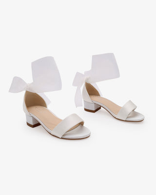 White Satin Block Heel Flower Girl Sandal with Wrapped Sheer Ribbon Tie
