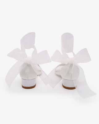 White Satin Block Heel Flower Girl Sandal with Wrapped Sheer Ribbon Tie
