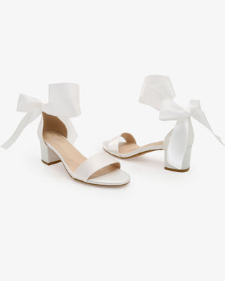 White Satin Block Heel Wedding Sandal with Wrapped Satin Ribbon Tie