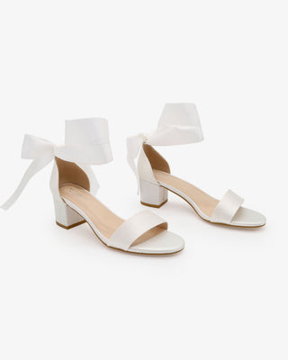 White Satin Block Heel Wedding Sandal with Wrapped Ribbon Tie