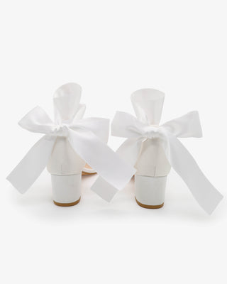 White Satin Block Heel Wedding Sandal with Wrapped Satin Ribbon Tie