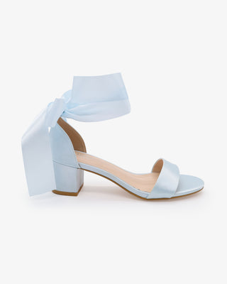 Light Blue Satin Block Heel Wedding Sandal with Wrapped Sheer Ribbon Tie