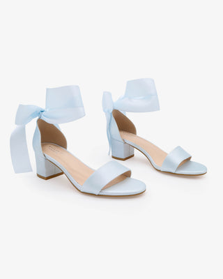 Light Blue Satin Block Heel Wedding Sandal with Wrapped Satin Ribbon Tie