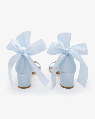 Light Blue Satin Block Heel Wedding Sandal with Wrapped Satin Ribbon Tie