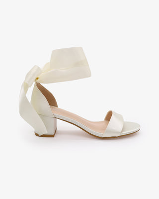 Ivory Satin Block Heel Wedding Sandal with Wrapped Satin Ribbon Tie