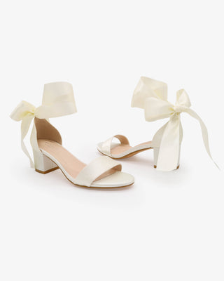 Ivory Satin Block Heel Wedding Sandal with Wrapped Satin Ribbon Tie