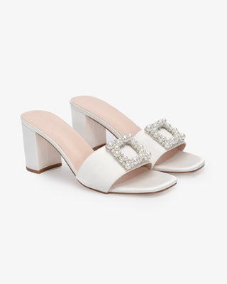 Satin Block Heels Slide Wedding Sandals with Pearlisse Buckle