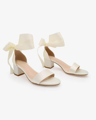 Ivory Satin Block Heel Wedding Sandal with Wrapped Satin Ribbon Tie