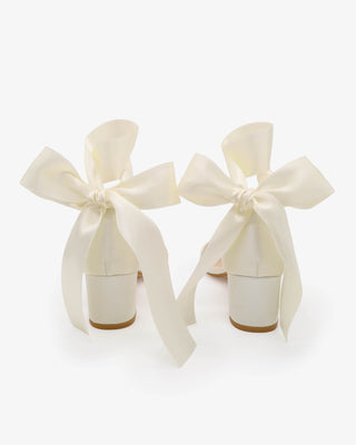 Ivory Satin Block Heel Wedding Sandal with Wrapped Satin Ribbon Tie
