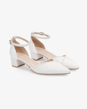 Lace Pointy Toe Low Block Heels Wedding Shoes with Mini Pearls