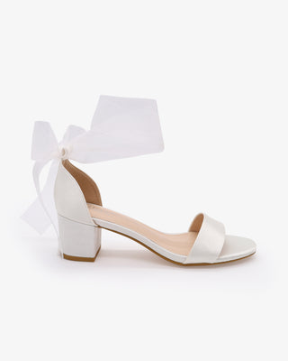 White Satin Block Heel Wedding Sandal with Wrapped Sheer Ribbon Tie