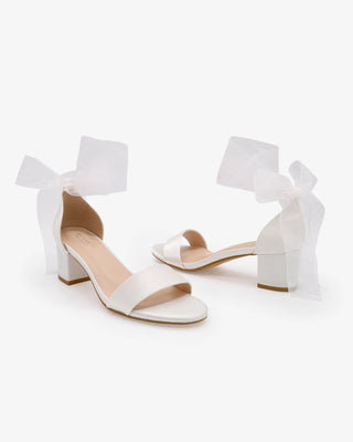 White Satin Block Heel Wedding Sandal with Wrapped Sheer Ribbon Tie