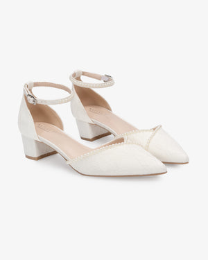 Lace Pointy Toe Low Block Heels Wedding Shoes with Mini Pearls