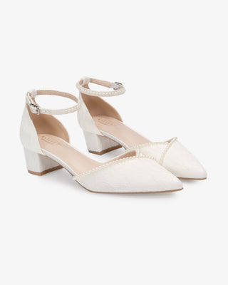 Lace Pointy Toe Low Block Heels Wedding Shoes with Mini PearlsWomen Shoes