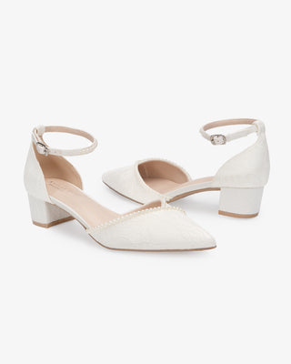 Lace Pointy Toe Low Block Heels Wedding Shoes with Mini PearlsWomen Shoes