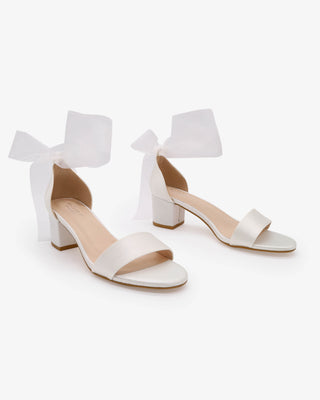 White Satin Block Heel Wedding Sandal with Wrapped Sheer Ribbon Tie