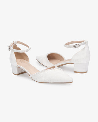 Lace Pointy Toe Low Block Heels Wedding Shoes with Mini PearlsWomen Shoes