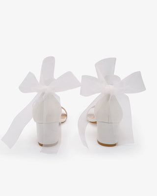 White Satin Block Heel Wedding Sandal with Wrapped Sheer Ribbon Tie