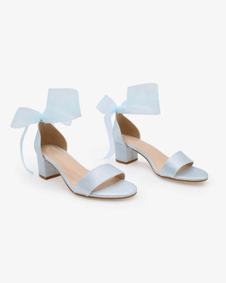 Light Blue Satin Block Heel Wedding Sandal with Wrapped Sheer Ribbon Tie