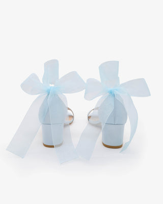 Light Blue Satin Block Heel Wedding Sandal with Wrapped Sheer Ribbon Tie