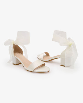Ivory Satin Block Heel Wedding Sandal with Wrapped Sheer Ribbon Tie
