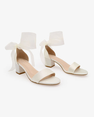 Ivory Satin Block Heel Wedding Sandal with Wrapped Sheer Ribbon Tie