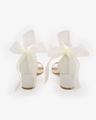 Ivory Satin Block Heel Wedding Sandal with Wrapped Sheer Ribbon Tie