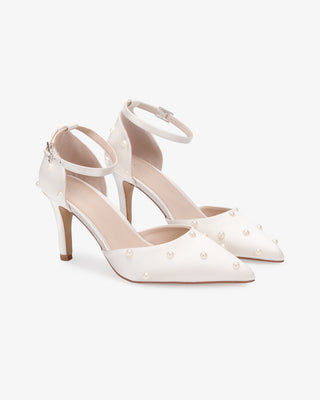 Ivory Satin Mini Pearls Wedding Heels with Scattered Pearls