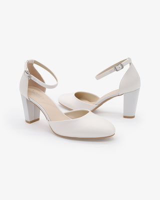 White Satin Wedding Block Heel with Ankle Strap