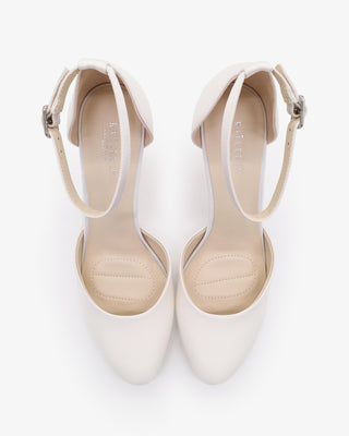 White Satin Wedding Block Heel with Ankle Strap