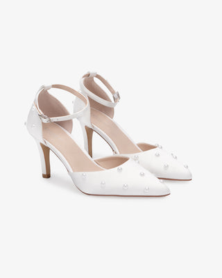 White Satin Mini Pearls Wedding Heels with Scattered Pearls
