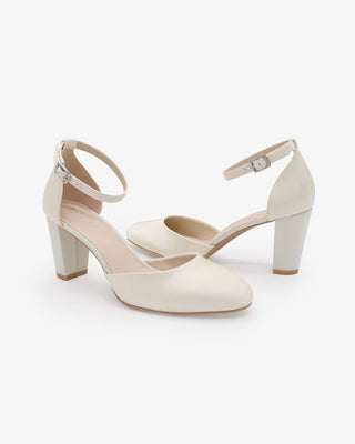 Ivory Satin Wedding Block Heel with Ankle Strap