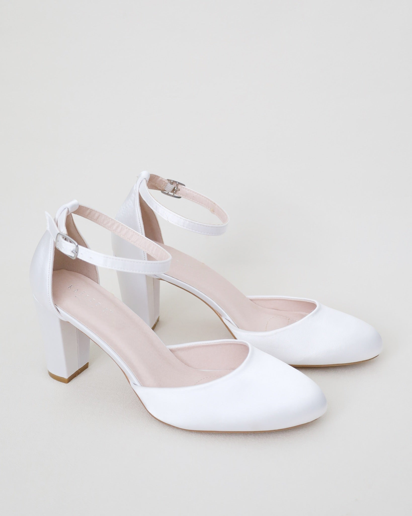 White Satin Wedding Block Heel with Ankle Strap, Dyeable Bridal Shoes
