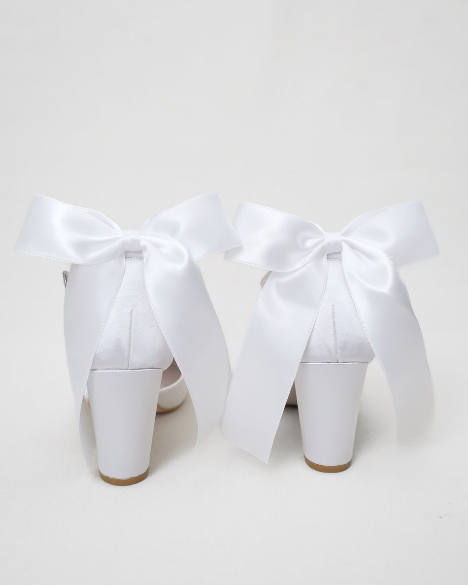 satin white block heels