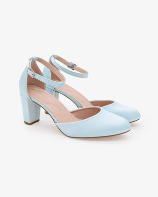 Light Blue Satin Wedding Block Heel with Ankle Strap