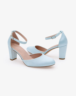 Light Blue Satin Wedding Block Heel with Ankle Strap