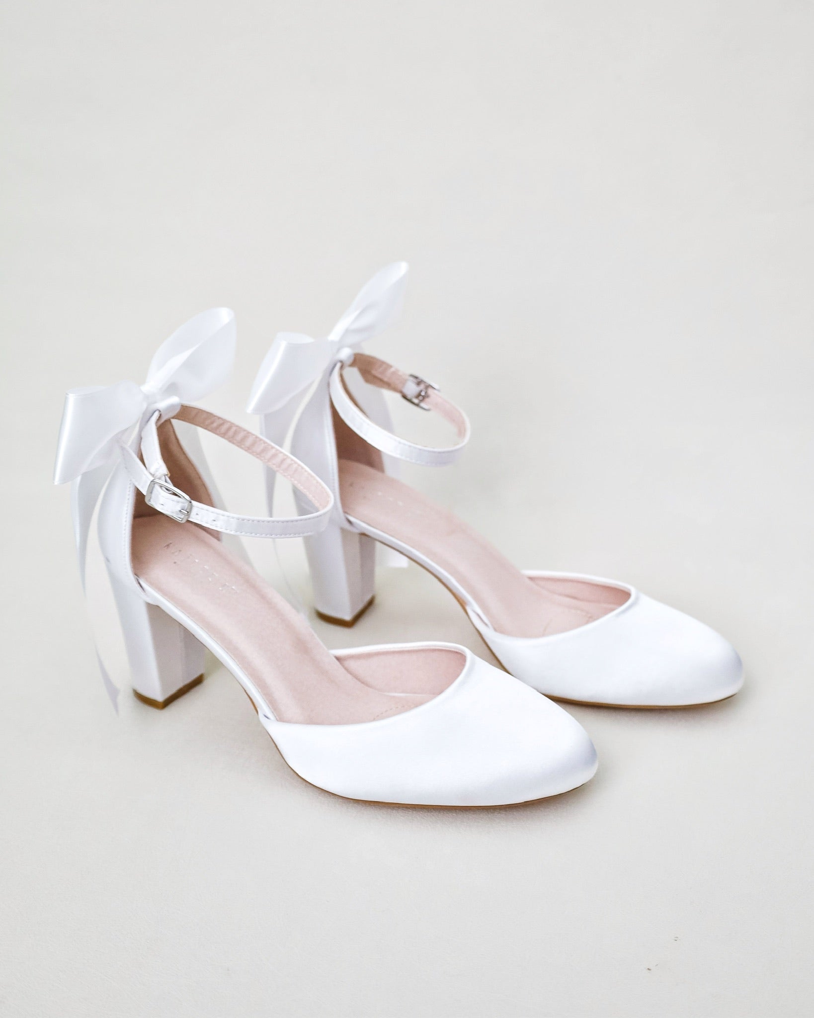 Bridal Shoes Block Heels With Bow White Satin Wedding Block Heel