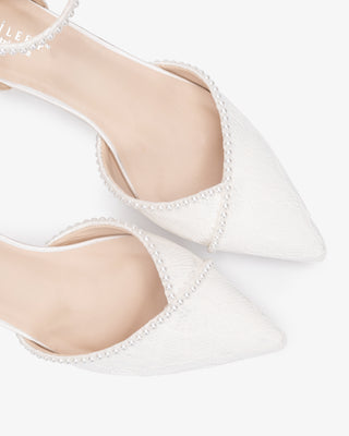 Lace Pointy Toe Low Block Heels Wedding Shoes with Mini PearlsWomen Shoes