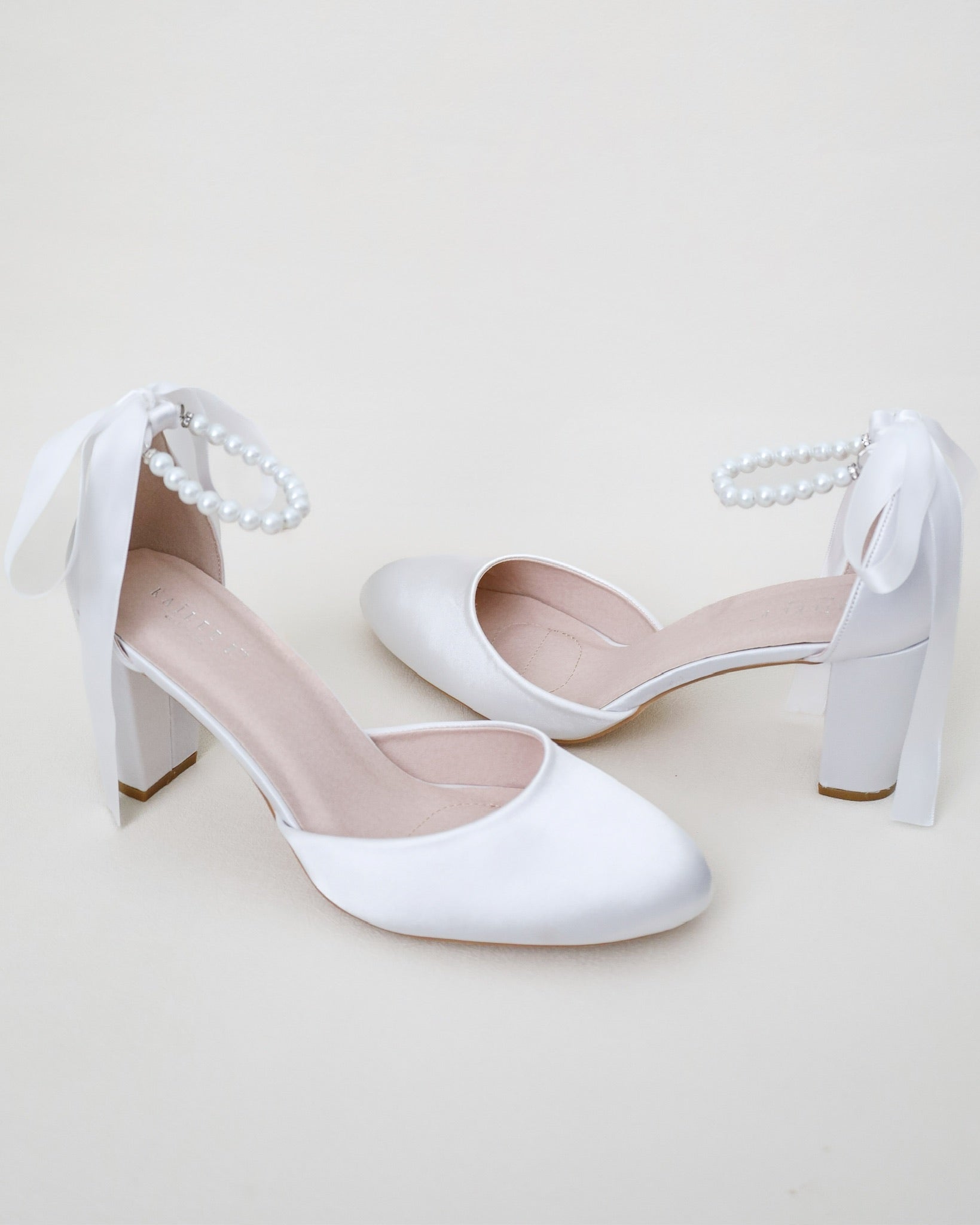 White Satin Block Heel with Pearls Ankle Strap Wedding Shoes 8 All Pearls