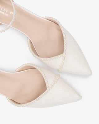 Lace Pointy Toe Low Block Heels Wedding Shoes with Mini PearlsWomen Shoes